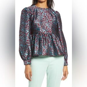 NWT Halogen x Atlantic Pacific Teal Maroon Leopard Peplum Top